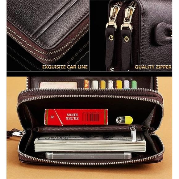Mens Wallet Long Purse Leather Clutch Brown - Picture 5 of 6